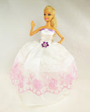 White Barbie Dress with Pink Embroidery