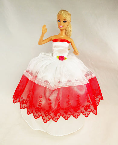 White and Red Barbie Dress with Rose Accent