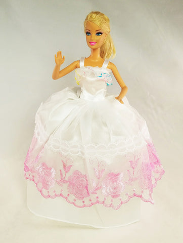 White and Pink Barbie Dress with Rainbow Ruffles