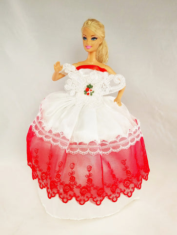 White and Wine Red Barbie Dress with Mistletoe Accent