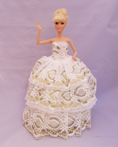 White Lace Barbie Dress with Green and Gold Accets