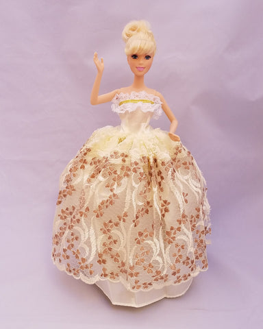 Beige Barbie Dress with Chocolate Brown Embroidery