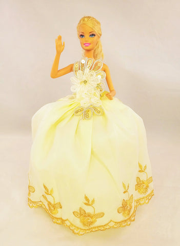 Pastel Yellow Barbie Dress with Golden Embroidery