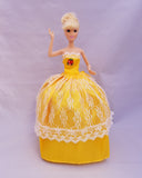 Lace Yellow Barbie Dress with Mistletoe Embellishment