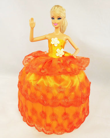 Flower Embroidered Layered Orange Barbie Dress