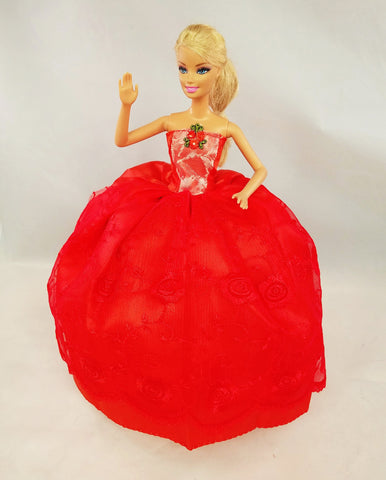 Lace Over Satin Red Barbie Dress with Flower Embellishment