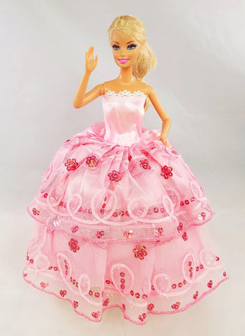 barbie pink tulle dress Elegant Pink Tiered Sparkle Tulle Gown with Gold Belt for Barbie Huonghandmadedoll