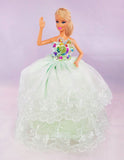 Flower Embroidered Tulle Green Barbie Dress with Rainbow Sequin Flower