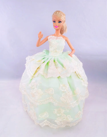 Flower Embroidered Green and Ivory Barbie Dress